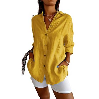Women's Textured Long Sleeve Button Down Shirt Casual Loose Tunic Blouse