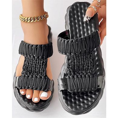 Women's Platform Slide Sandals Hand Knitted Band Comfortable Cloud Wedge Summer Shoes