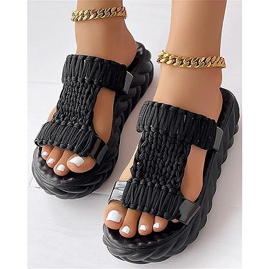 Women's Platform Slide Sandals Hand Knitted Band Comfortable Cloud Wedge Summer Shoes