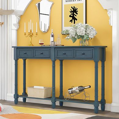 KWPZQEB Mid Century Console Table with 2 Drawers, Sofa Table with Bottom Shelf for Living Room