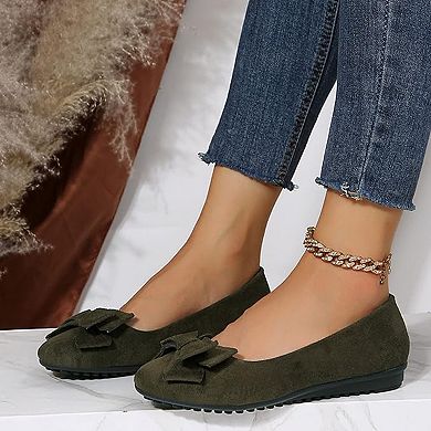 Women's Faux Suede Bow Ballet Flats Comfortable Slip On Round Toe Casual Work Shoes