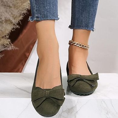 Women's Faux Suede Bow Ballet Flats Comfortable Slip On Round Toe Casual Work Shoes