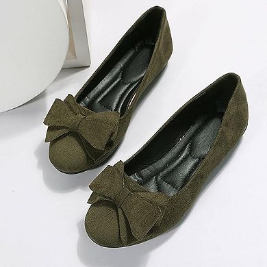 Women's Faux Suede Bow Ballet Flats Comfortable Slip On Round Toe Casual Work Shoes