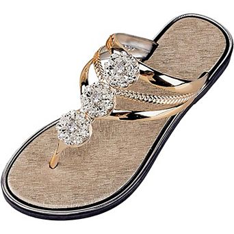 Women's Rhinestone Flower Flip Flops Flat Thong Sandals Dressy Summer Beach Shoes