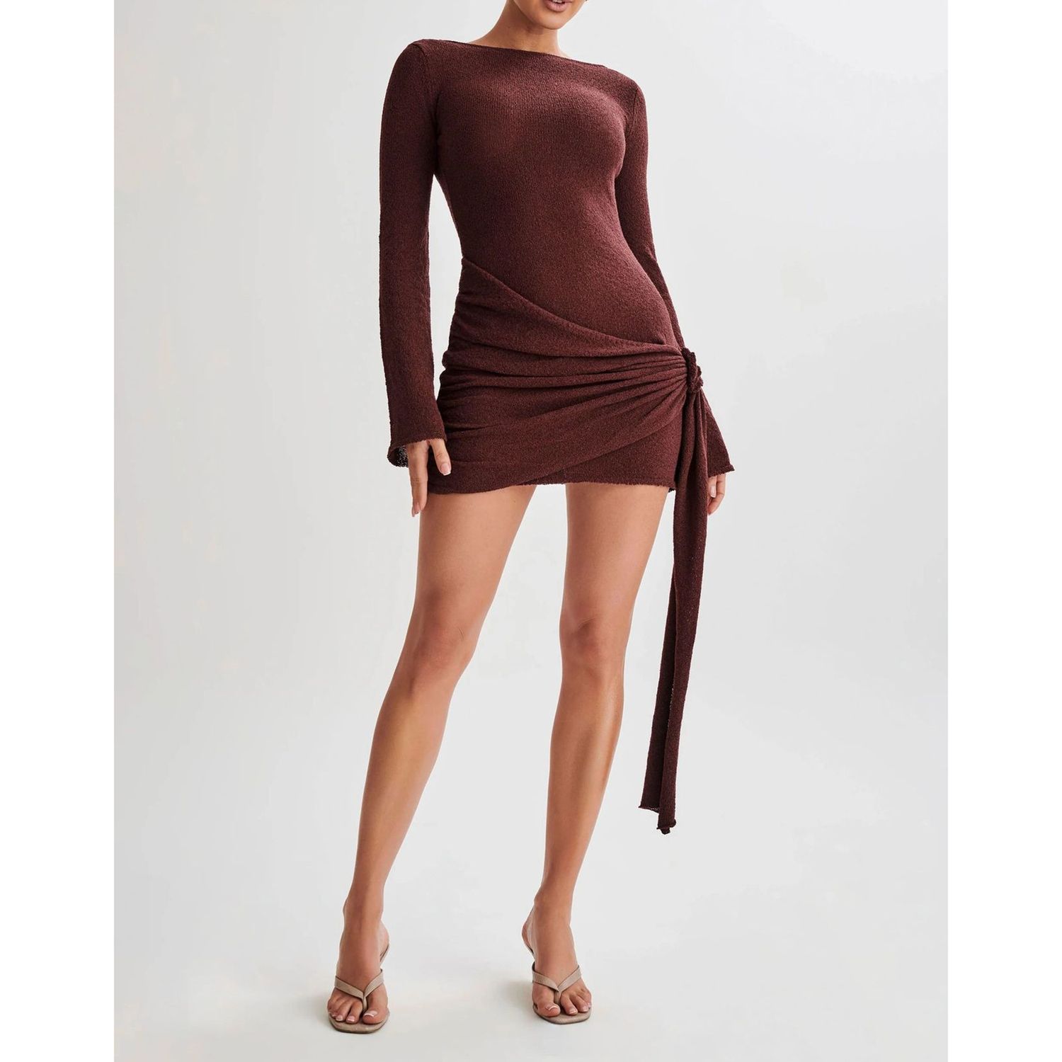 long sleeve backless bodycon mini dress in white knit Long Sleeve Backless Mini Dress in White  MUSHU