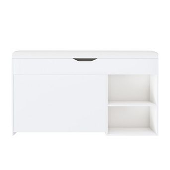 White Bench with Shoe Cabinet, 3 Adjustable Flip-Top Drawers and Concealed Cabinet