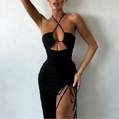 Women's Crisscross Halter Cutout Ruched Bodycon Maxi Dress, Drawstring Split Summer Party Dress