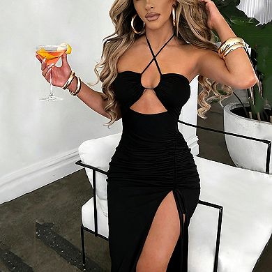 Women's Crisscross Halter Cutout Ruched Bodycon Maxi Dress, Drawstring Split Summer Party Dress