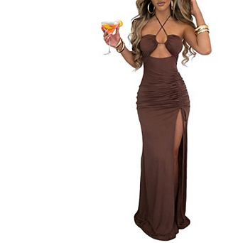 Women's Crisscross Halter Cutout Ruched Bodycon Maxi Dress, Drawstring Split Summer Party Dress