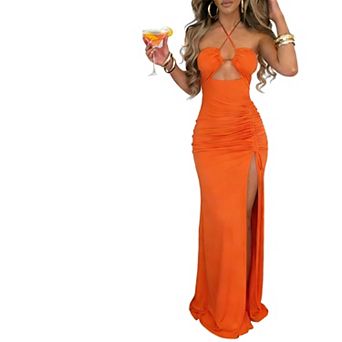 Women's Crisscross Halter Cutout Ruched Bodycon Maxi Dress, Drawstring Split Summer Party Dress