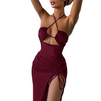 Women's Crisscross Halter Cutout Ruched Bodycon Maxi Dress, Drawstring Split Summer Party Dress