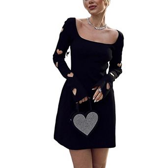 Women's Heart Cutout Square Neck Knit Bodycon Mini Dress, Long Sleeve Tie Back Slim Dress