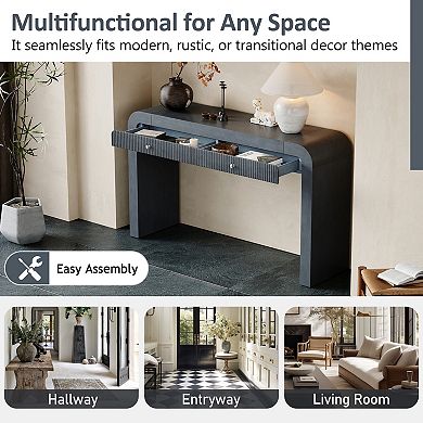 KWPZQEB Farmhouse Fluted Console Table with 2 Drawers, Curved Corners Sofa Table for Living Room