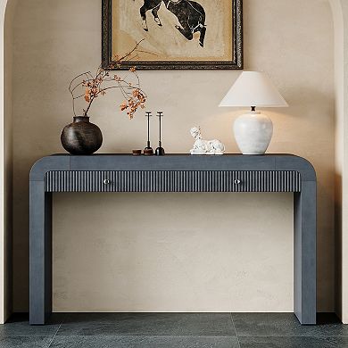 KWPZQEB Farmhouse Fluted Console Table with 2 Drawers, Curved Corners Sofa Table for Living Room
