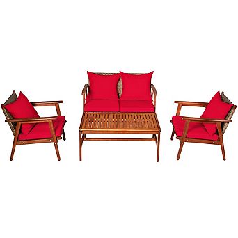 4 pc Acacia Wood Patio Rattan Furniture Set - Red