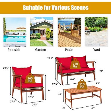4 Piece Acacia Wood Patio Rattan Furniture Set - Red
