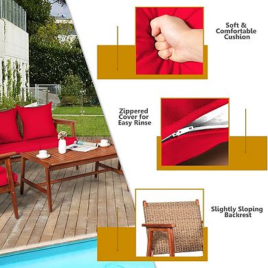 4 Piece Acacia Wood Patio Rattan Furniture Set - Red