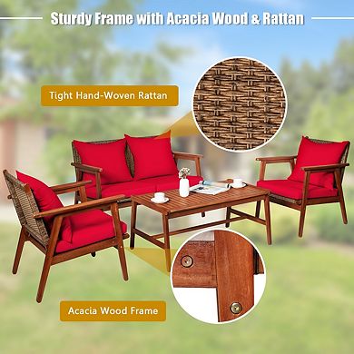 4 Piece Acacia Wood Patio Rattan Furniture Set - Red