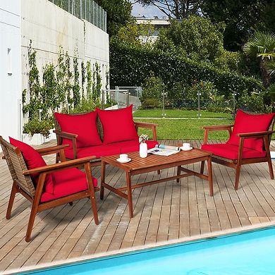4 Piece Acacia Wood Patio Rattan Furniture Set - Red