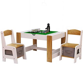 Kids' 2-in-1 Play & Study Table and Chair Set, with 7 Storage Compartments, LEGO-Compatible, White