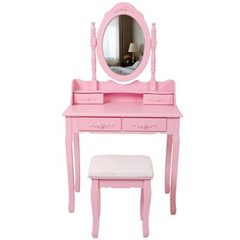 Pink Princess Vanity Set with Mirror and Padded Stool, Wooden with 4 Drawers and Storage Space
