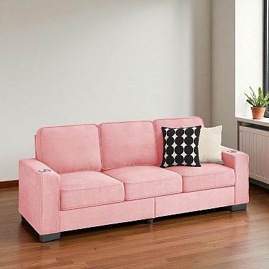 Lufeiya Snowfleece Fabric 3-Seater Sofa with Cup Holder Armrests