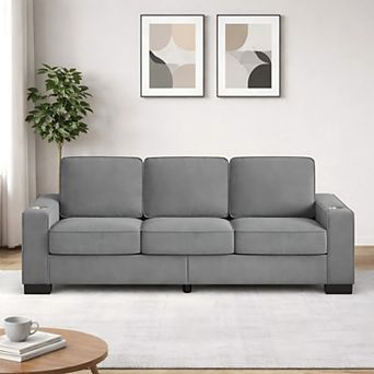 Lufeiya Snowfleece Fabric 3-Seater Sofa with Cup Holder Armrests