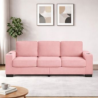 Lufeiya Snowfleece Fabric 3-Seater Sofa with Cup Holder Armrests
