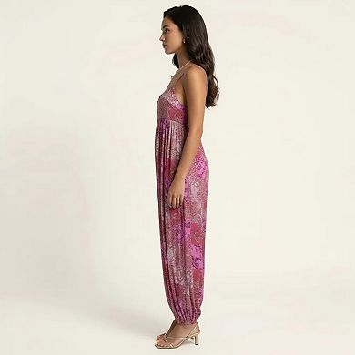 Sleeveless Printed Jumpsuit with Spaghetti Straps Smocked Bodice Elastic Ankle Relaxed Fit
