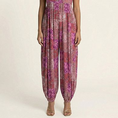 Sleeveless Printed Jumpsuit with Spaghetti Straps Smocked Bodice Elastic Ankle Relaxed Fit