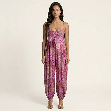 Sleeveless Printed Jumpsuit with Spaghetti Straps Smocked Bodice Elastic Ankle Relaxed Fit