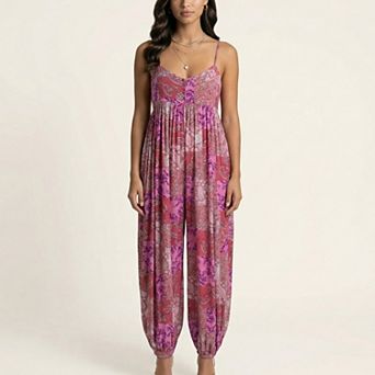 Sleeveless Printed Jumpsuit with Spaghetti Straps Smocked Bodice Elastic Ankle Relaxed Fit