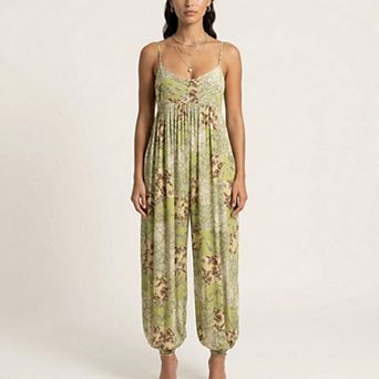 Sleeveless Printed Jumpsuit with Spaghetti Straps Smocked Bodice Elastic Ankle Relaxed Fit
