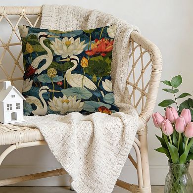 Decorative Throw Pillow, 18" Pillow Cover Singular, Birds And Lotus Flowers