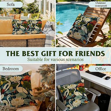 Decorative Throw Pillow, 18" Pillow Cover Singular, Birds And Lotus Flowers