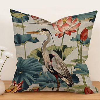 Decorative Throw Pillow, 18" Pillow Cover Singular, Birds And Lotus Flowers