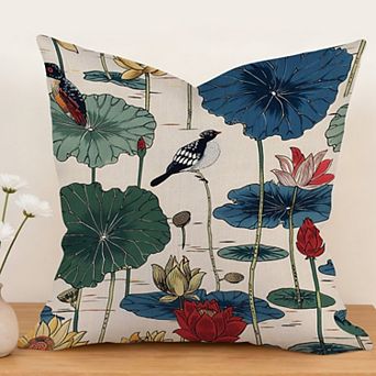 Decorative Throw Pillow, 18" Pillow Cover Singular, Birds And Lotus Flowers