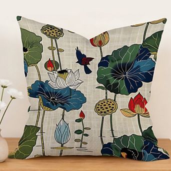 Decorative Throw Pillow, 18" Pillow Cover Singular, Birds And Lotus Flowers