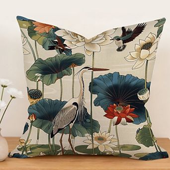 Decorative Throw Pillow, 18" Pillow Cover Singular, Birds And Lotus Flowers
