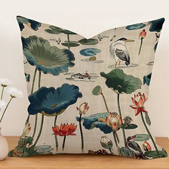 Decorative Throw Pillow, 18" Pillow Cover Singular, Birds And Lotus Flowers