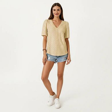 Short Sleeve Eyelet Blouse with V Neck Button Front Lace Trim Textured Shirt Top