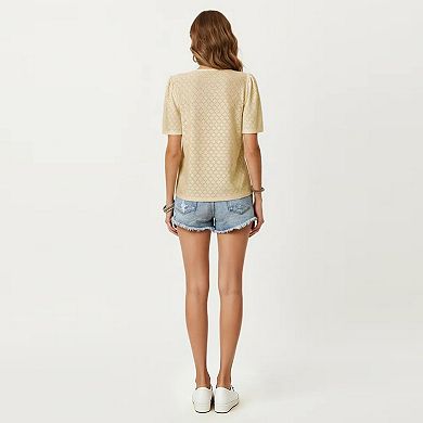 Short Sleeve Eyelet Blouse with V Neck Button Front Lace Trim Textured Shirt Top