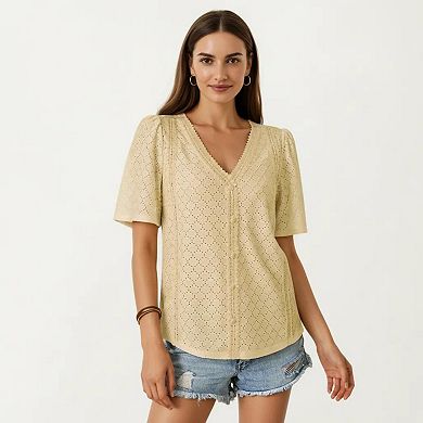 Short Sleeve Eyelet Blouse with V Neck Button Front Lace Trim Textured Shirt Top