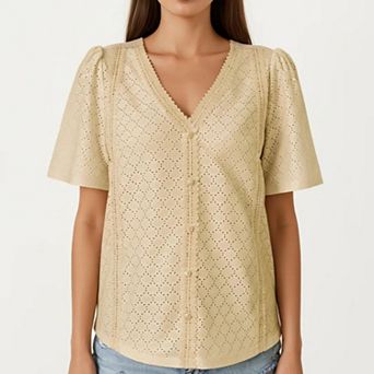 Short Sleeve Eyelet Blouse with V Neck Button Front Lace Trim Textured Shirt Top