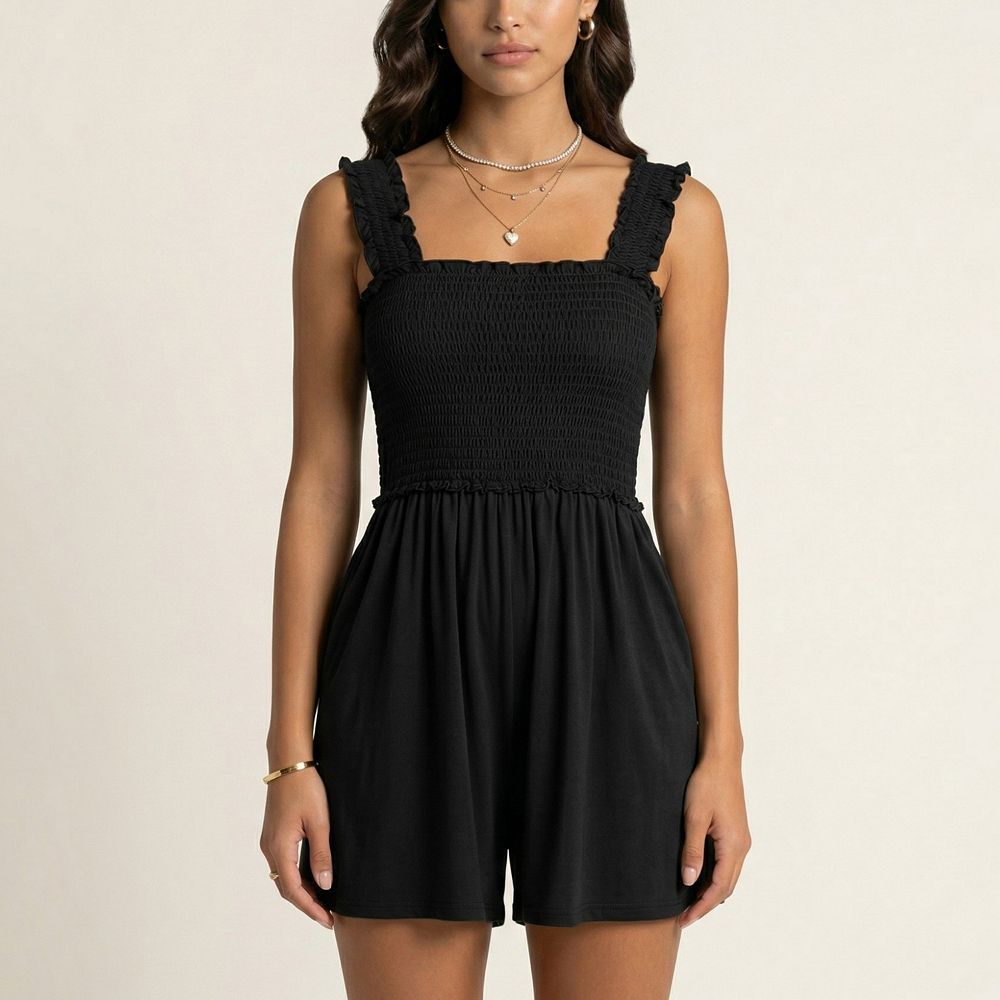 Sleeveless Smocked Romper with Ruffle Straps Square Neckline Elastic ...