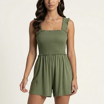 Sleeveless Smocked Romper with Ruffle Straps Square Neckline Elastic Waist Relaxed Fit