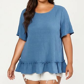 Women's Plus Size Short Sleeve Peplum Top with Textured Knit Fabric Round Neck Ruffle Hem Shirt