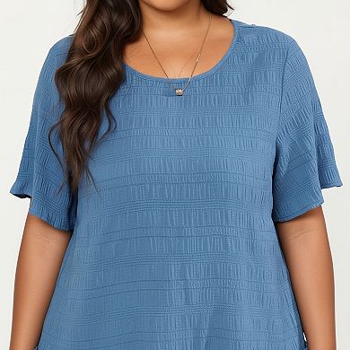 Women's Plus Size Short Sleeve Peplum Top with Textured Knit Fabric Round Neck Ruffle Hem Shirt