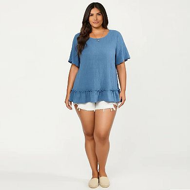 Women's Plus Size Short Sleeve Peplum Top with Textured Knit Fabric Round Neck Ruffle Hem Shirt