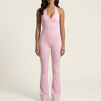 Sleeveless Active Jumpsuit with Wide Straps Deep V Neck Flare Leg Contour Fit One Piece